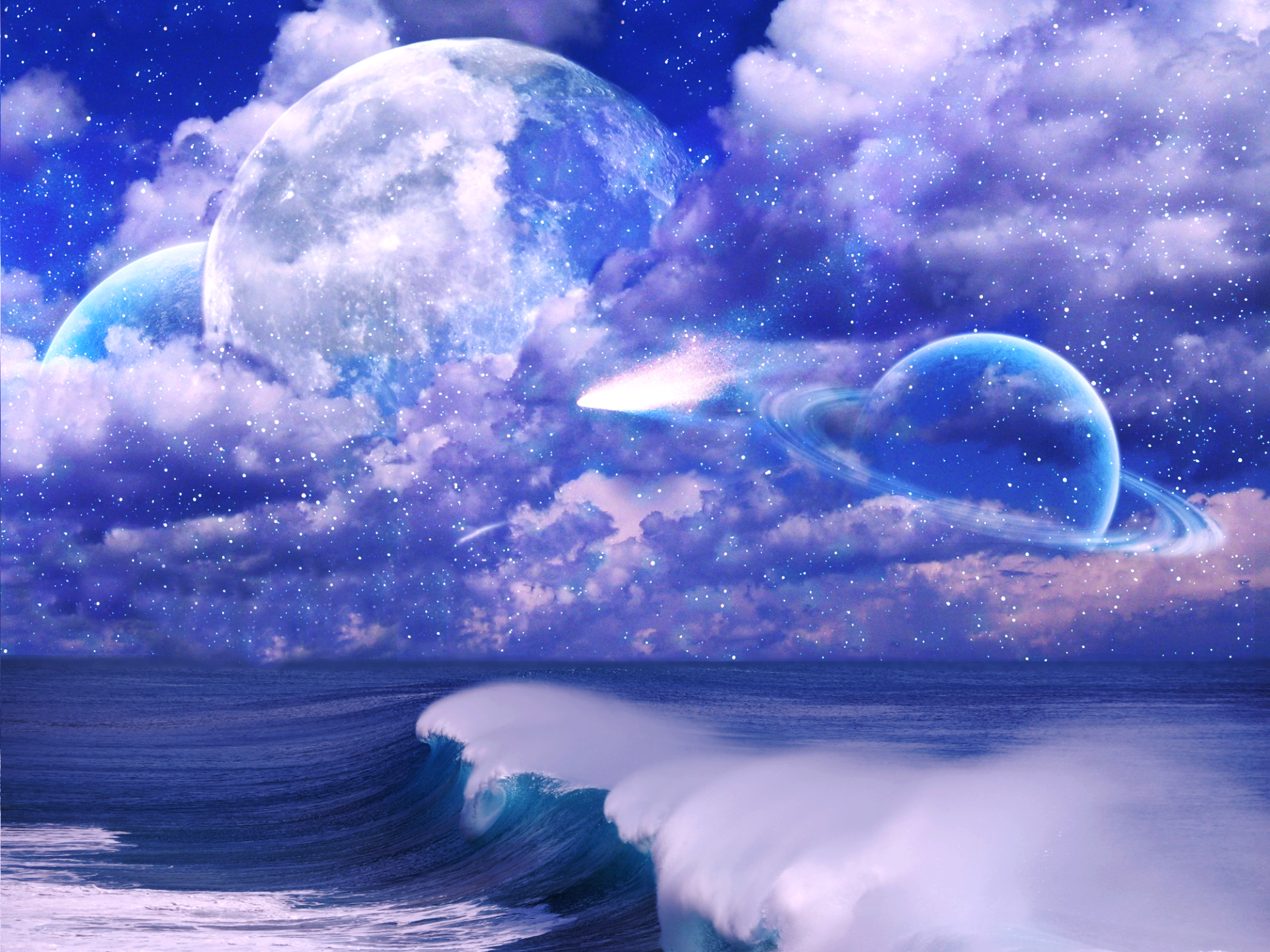 A fantasy ocean scene featuring a vibrant blue sky filled with swirling clouds, celestial bodies, and crashing waves under a starry backdrop, creating a dreamlike atmosphere.