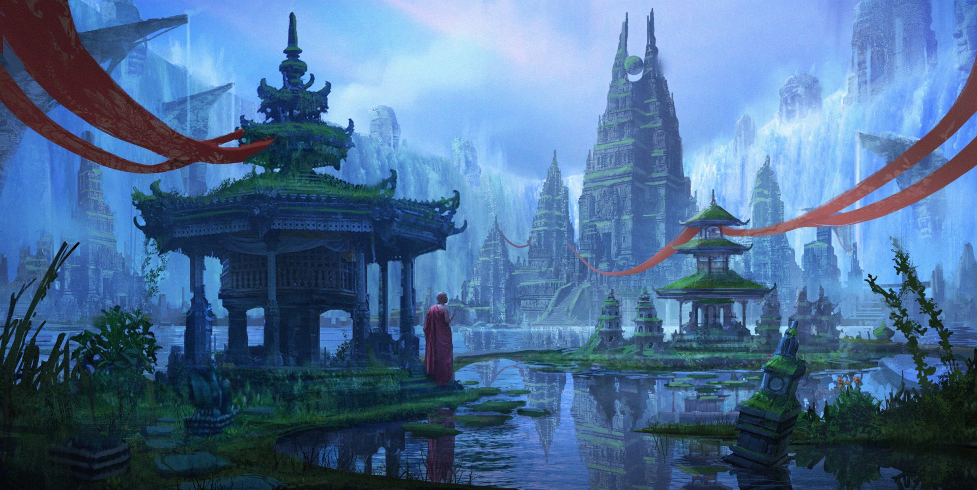 A serene fantasy scene featuring a monk near tranquil water, surrounded by intricate temple towers and lush greenery, creating an enchanting atmosphere for a captivating desktop wallpaper.