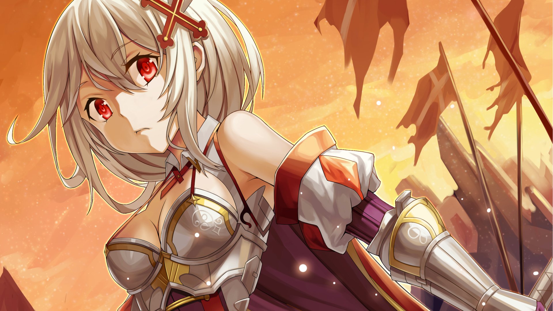HD PC desktop wallpaper featuring an original anime character with silver hair, red eyes, and armor, set against an orange-toned background with flags waving.