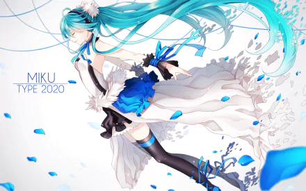 HD anime wallpaper featuring Hatsune Miku in a flowing blue and white dress with long turquoise twin-tails, tagged Vocaloid and Miku Type 2020.