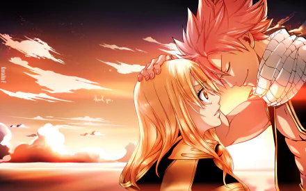 A romantic anime scene from Fairy Tail featuring NaLu (Lucy Heartfilia and Natsu Dragneel) during a sunset, used as a HD desktop wallpaper and background.