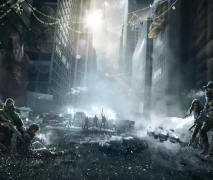HD PC desktop wallpaper featuring a dramatic urban scene from the video game Tom Clancy's The Division with armed agents in a ruined cityscape.