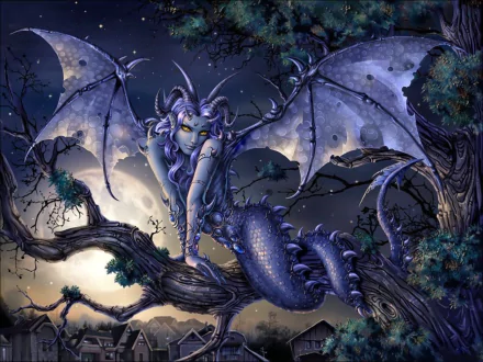 Fantasy creature with horns and large wings perched on a twisted tree branch under a moonlit night, designed as an HD PC desktop wallpaper background.
