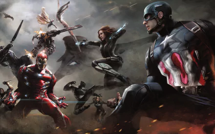 HD desktop wallpaper featuring characters from the movie Captain America: Civil War. Depicts Iron Man, Captain America, Black Widow, Falcon, War Machine, and other Marvel heroes in action.