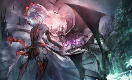 A striking HD desktop wallpaper featuring Remilia Scarlet from the anime Touhou, showcasing her in a dynamic pose surrounded by a dark, atmospheric backdrop.