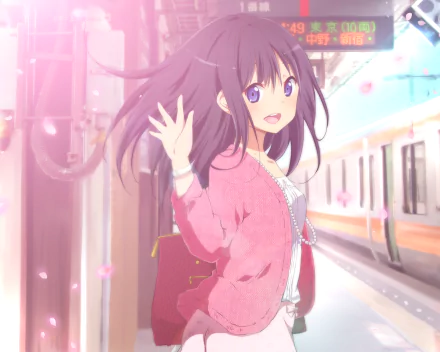 A cheerful anime girl with long purple hair and eyes smiles while holding a bag at a train station, surrounded by petals in a vibrant, pink-themed setting. HD desktop wallpaper.