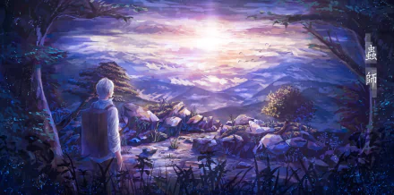 A serene HD wallpaper featuring Ginko from the anime Mushishi, gazing at a breathtaking landscape with mountains and a glowing horizon, surrounded by lush nature.
