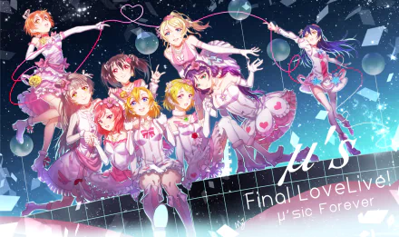 A vibrant HD wallpaper featuring characters from Love Live! including Nico Yazawa, Nozomi Tojo, Umi Sonoda, and more, celebrating the music and camaraderie of the series.