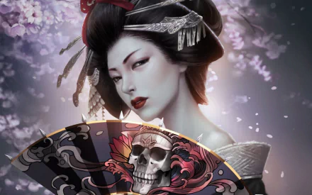 A gothic geisha in a striking kimono holds a fan adorned with a skull, set against a backdrop of delicate cherry blossoms. This HD image captures a vivid fantasy aesthetic.