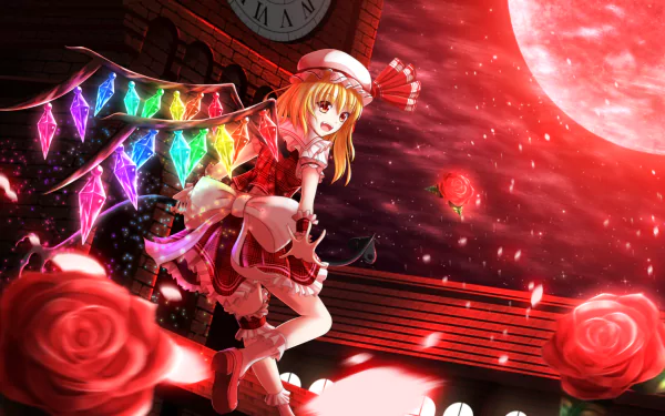 HD anime desktop wallpaper of Flandre Scarlet from Touhou, featuring a vibrant blood moon and glowing wings amidst a red, rose-filled night sky.