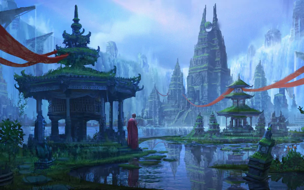 A serene fantasy scene featuring a monk near tranquil water, surrounded by intricate temple towers and lush greenery, creating an enchanting atmosphere for a captivating desktop wallpaper.