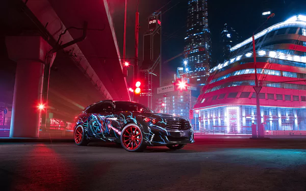 Black Infiniti QX70 SUV with vibrant graffiti design parked under a city bridge at night, illuminated by neon lights; HD desktop wallpaper and background.