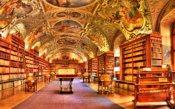 A beautifully designed library features tall shelves filled with books, intricate murals on the ceiling, and decorative globes, creating a rich architectural atmosphere.