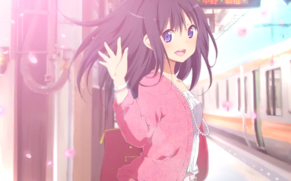 A cheerful anime girl with long purple hair and eyes smiles while holding a bag at a train station, surrounded by petals in a vibrant, pink-themed setting. HD desktop wallpaper.