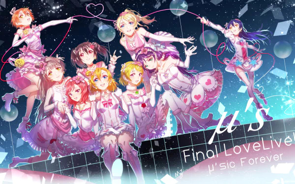 A vibrant HD wallpaper featuring characters from Love Live! including Nico Yazawa, Nozomi Tojo, Umi Sonoda, and more, celebrating the music and camaraderie of the series.