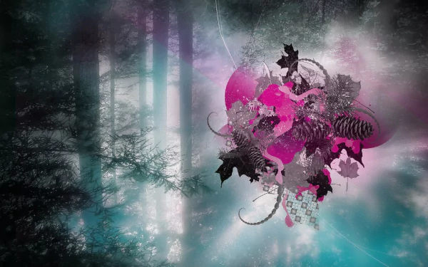 An artistic HD PC desktop wallpaper featuring vibrant pink and gray abstract designs against a misty forest backdrop, blending nature with modern design elements.