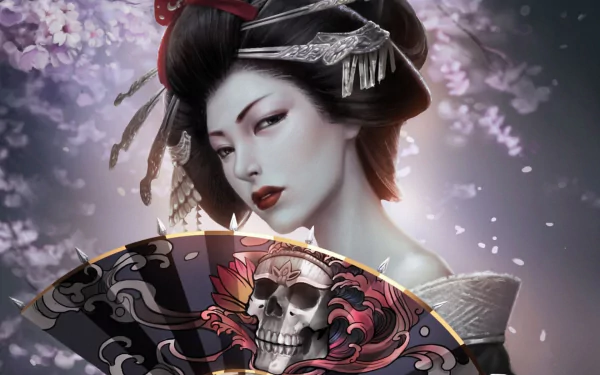 A gothic geisha in a striking kimono holds a fan adorned with a skull, set against a backdrop of delicate cherry blossoms. This HD image captures a vivid fantasy aesthetic.
