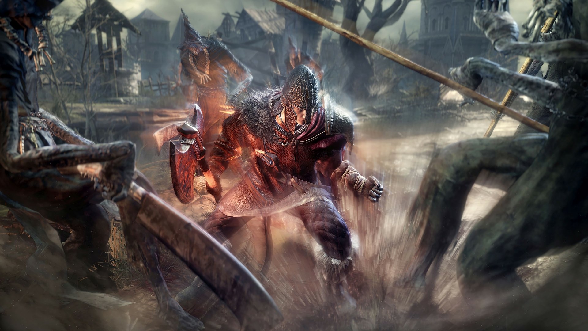 Dark Souls III 4K Ultra HD PC wallpaper depicting a fierce armored warrior in intense combat amidst a dark, eerie battlefield filled with shadowy, ghostly figures.