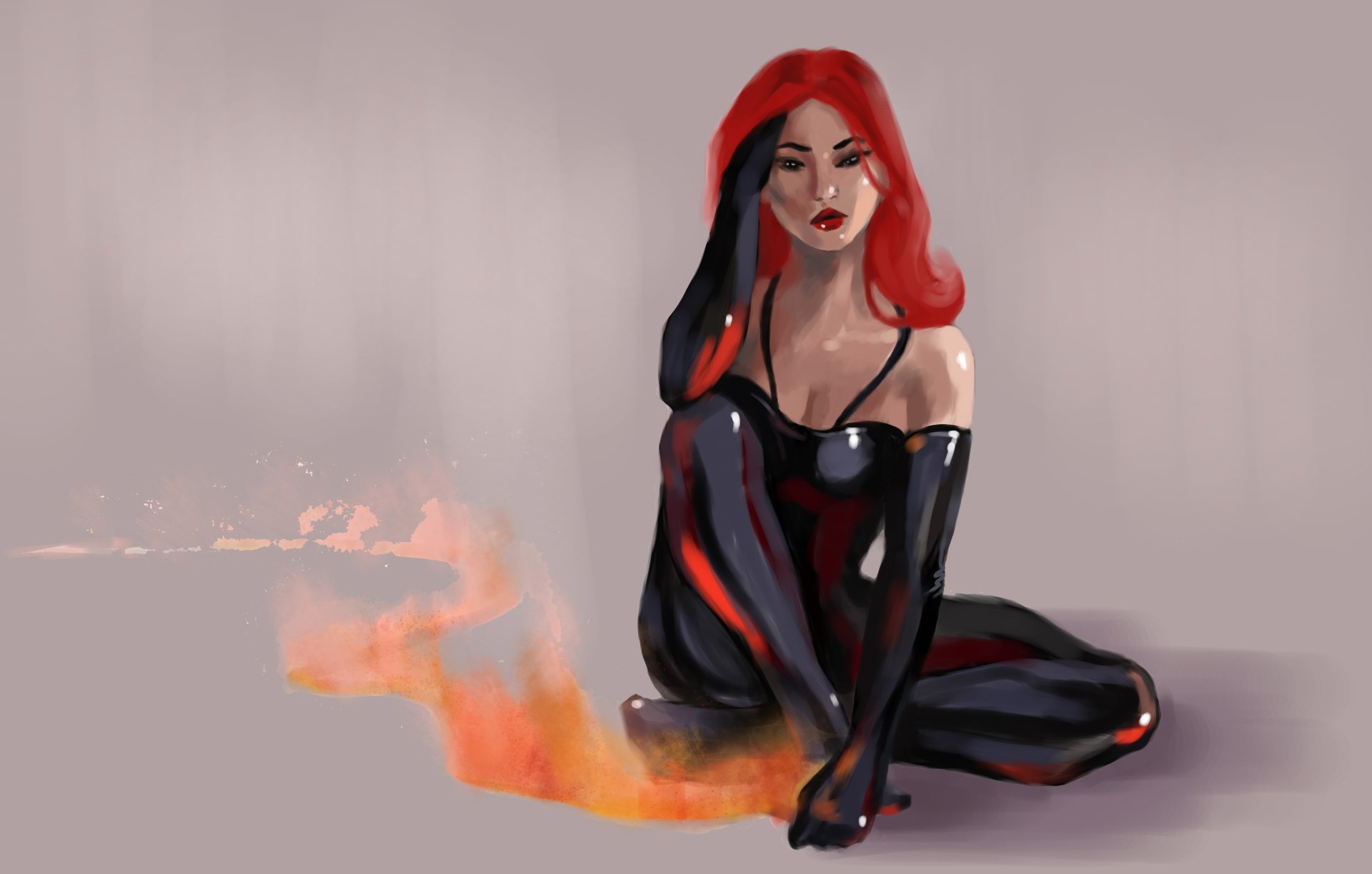 Artistic painting of a red‑haired woman in a glossy black outfit and red lipstick, seated amid an orange flame glow — 8K Ultra HD PC desktop wallpaper and background.