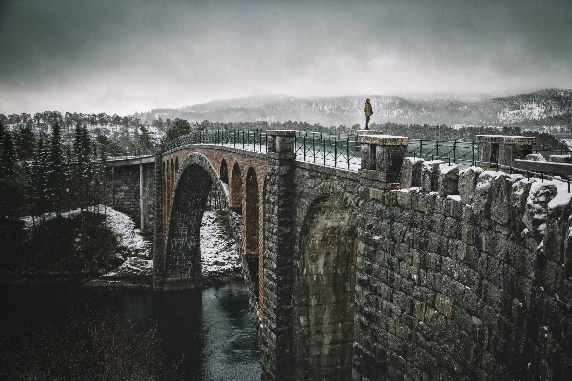 Majestic Winter Bridge in Snowy Norway | 4K Ultra HD Wallpaper by Johannes Hulsch