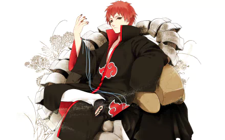 HD desktop wallpaper of Sasori from Naruto, featuring red eyes and short red hair, dressed in Akatsuki robes, sitting with a thoughtful expression.