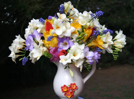 A vibrant bouquet of white freesias, crocuses, and other colorful flowers arranged in a decorative pitcher, set against a dark natural background.