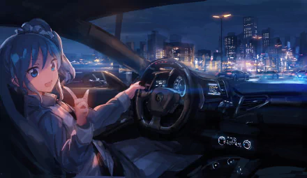 HD desktop wallpaper featuring Aoi Kiriya from Anime Aikatsu!, sitting inside a car with a cityscape illuminated at night in the background.