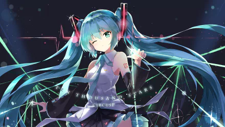 HD PC desktop wallpaper featuring Hatsune Miku, the iconic anime Vocaloid character, with vibrant teal twin-tails and futuristic design elements.