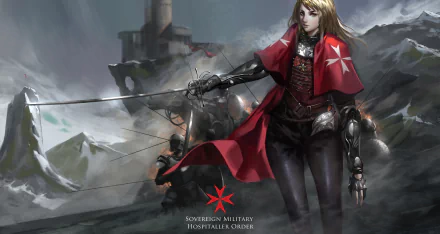 Fantasy-themed 4K Ultra HD PC desktop wallpaper featuring a woman warrior in red armor wielding a sword against a stormy battlefield backdrop.