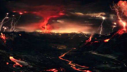HD desktop wallpaper showing a dramatic volcanic landscape with flowing lava, an erupting volcano, and striking lightning in the dark, fiery sky. An intense portrayal of nature's power and beauty.