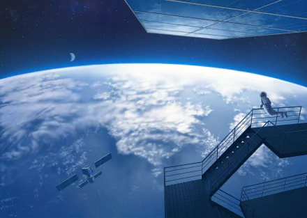A stunning HD wallpaper depicting an astronaut on a space station, gazing at Earth and the Moon, surrounded by a sci-fi atmosphere and floating satellites.