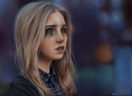 A detailed 4K Ultra HD painting of a blonde woman with striking green eyes, blending realism and artistic style in a captivating PC desktop wallpaper.