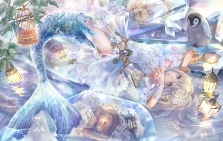 A serene anime scene featuring a mermaid with white hair and heterochromia, surrounded by crystals, lanterns, and a curious penguin, creating a mesmerizing underwater ambiance.
