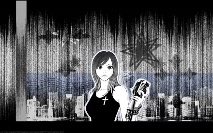 HD desktop wallpaper featuring an anime character from Beck, standing confidently with a microphone against a textured, urban backdrop.