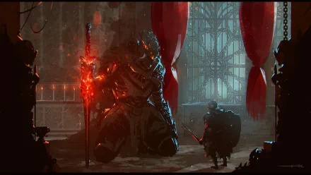 HD desktop wallpaper of a scene from the fantasy video game Dark Souls III, featuring a lone warrior confronting a large armored foe in a dark, atmospheric setting with glowing red accents.
