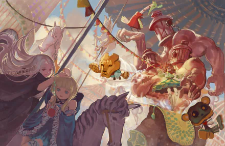 Anime Pixiv Fantasia HD PC desktop wallpaper: vibrant fantasy market scene with armored giants, whimsical mascots, and young heroines beside a striped horse under festive banners.