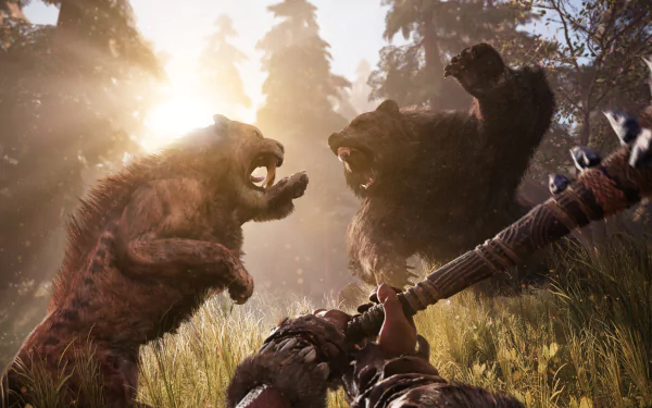 First-person Far Cry Primal video game scene: player raising a club as two snarling cave bears charge through sunlit prehistoric forest — 4K Ultra HD PC desktop wallpaper/background.