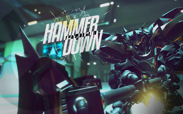 HD wallpaper featuring Reinhardt from Overwatch, showcasing his powerful presence with the text Hammer Down. A dynamic background enhances the vibrant video game theme.