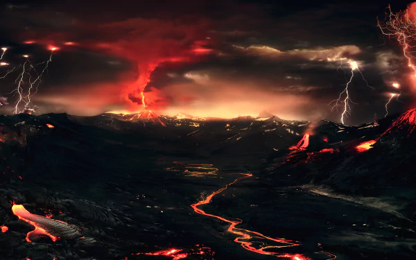 HD desktop wallpaper showing a dramatic volcanic landscape with flowing lava, an erupting volcano, and striking lightning in the dark, fiery sky. An intense portrayal of nature's power and beauty.