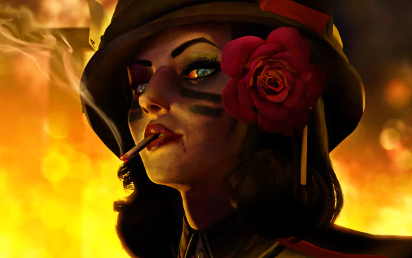A striking HD wallpaper featuring Elizabeth from Bioshock Infinite, adorned with a rose and a hat, holding a cigarette, set against a fiery background.