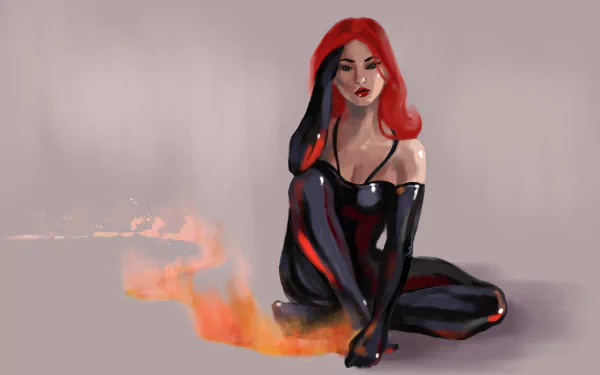 Artistic painting of a red‑haired woman in a glossy black outfit and red lipstick, seated amid an orange flame glow — 8K Ultra HD PC desktop wallpaper and background.