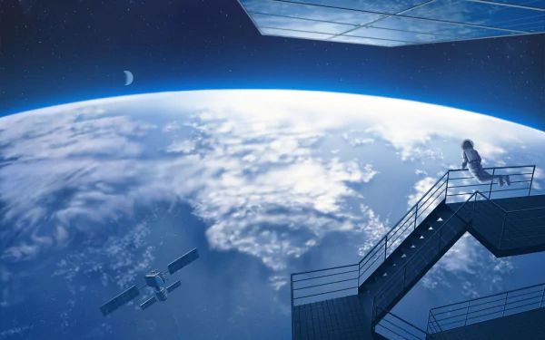 A stunning HD wallpaper depicting an astronaut on a space station, gazing at Earth and the Moon, surrounded by a sci-fi atmosphere and floating satellites.