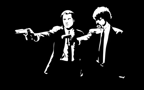 HD PC desktop wallpaper featuring a black-and-white stylized image of two characters from the movie Pulp Fiction, both pointing guns forward.