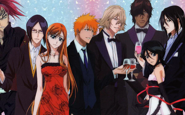 HD anime desktop wallpaper featuring Bleach characters Ichigo Kurosaki, Rukia Kuchiki, Orihime Inoue, Uryu Ishida, Yasutora Sado, Renji Abarai, and others in formal attire.