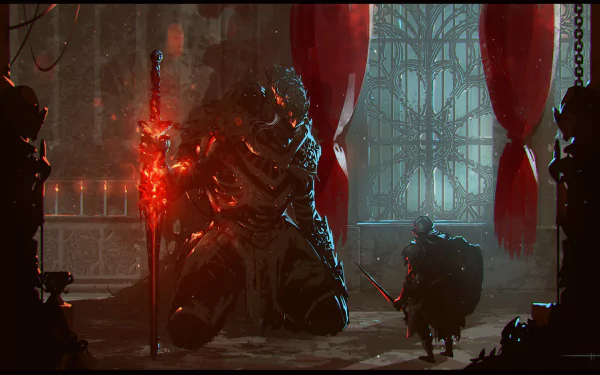 HD desktop wallpaper of a scene from the fantasy video game Dark Souls III, featuring a lone warrior confronting a large armored foe in a dark, atmospheric setting with glowing red accents.