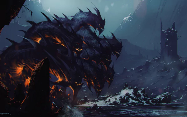 A stunning HD fantasy wallpaper featuring a menacing hydra, with multiple fierce heads and an eerie, dark landscape in the background, creating an atmosphere of mystery and danger.