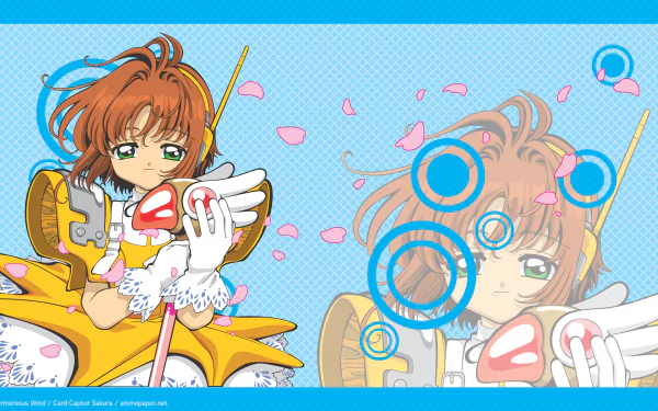 Anime-style 4K Ultra HD Cardcaptor Sakura wallpaper featuring the character holding a magical staff with soft pink petals and blue circular patterns on a light blue background.