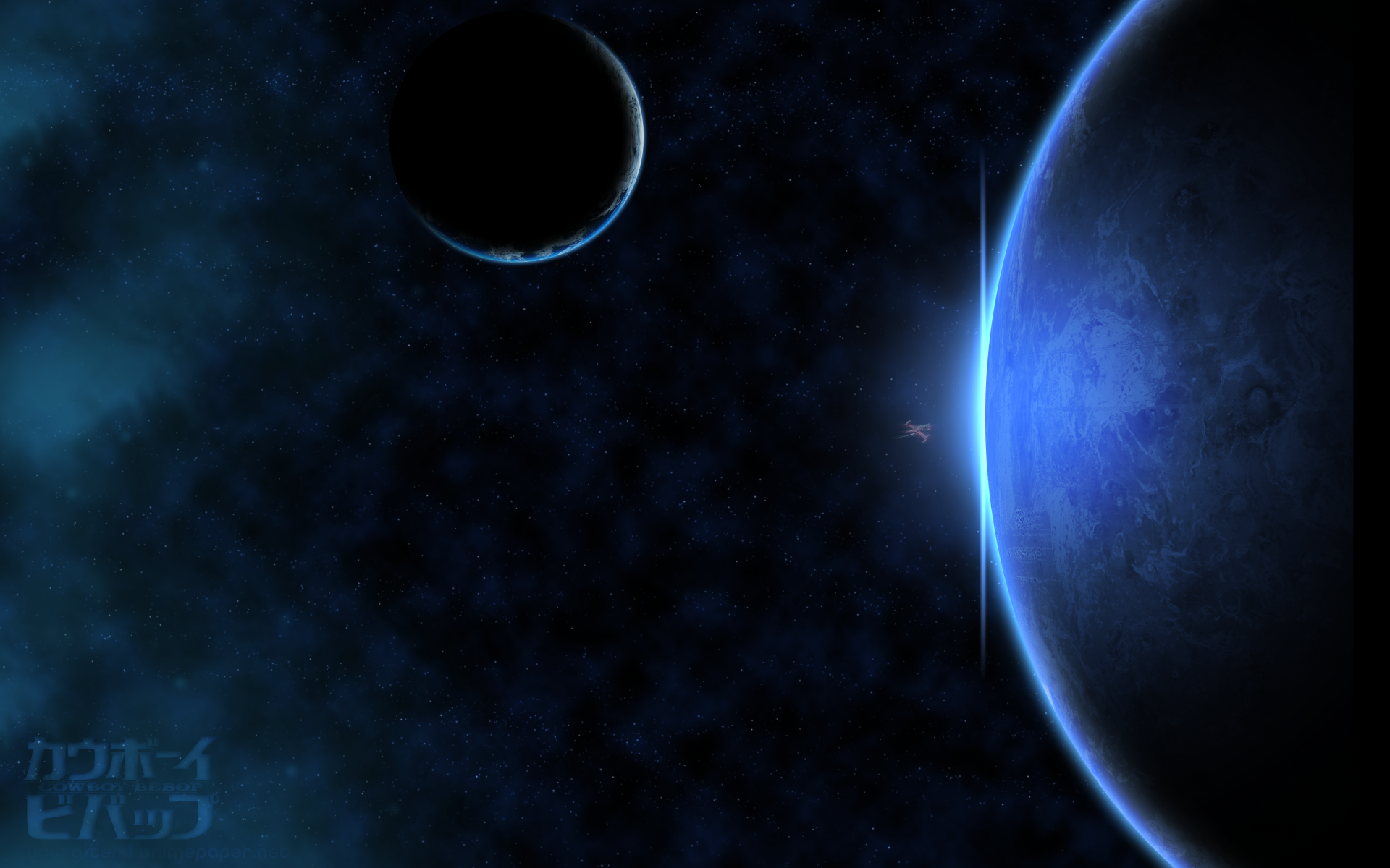 4K Ultra HD desktop wallpaper featuring a cosmic scene inspired by the anime Cowboy Bebop, with planets and a deep space backdrop.