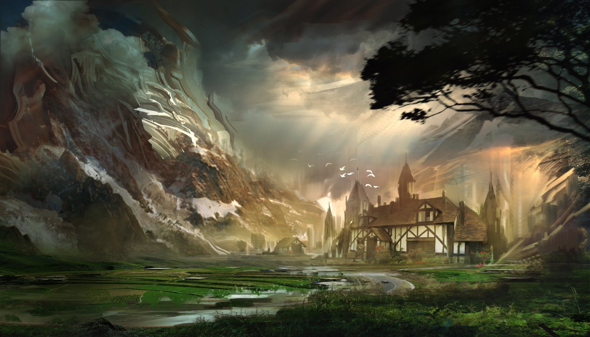 A fantasy landscape featuring a stream flowing through a mountain valley with a rustic house under dramatic, stormy skies, rendered as an HD PC desktop wallpaper.