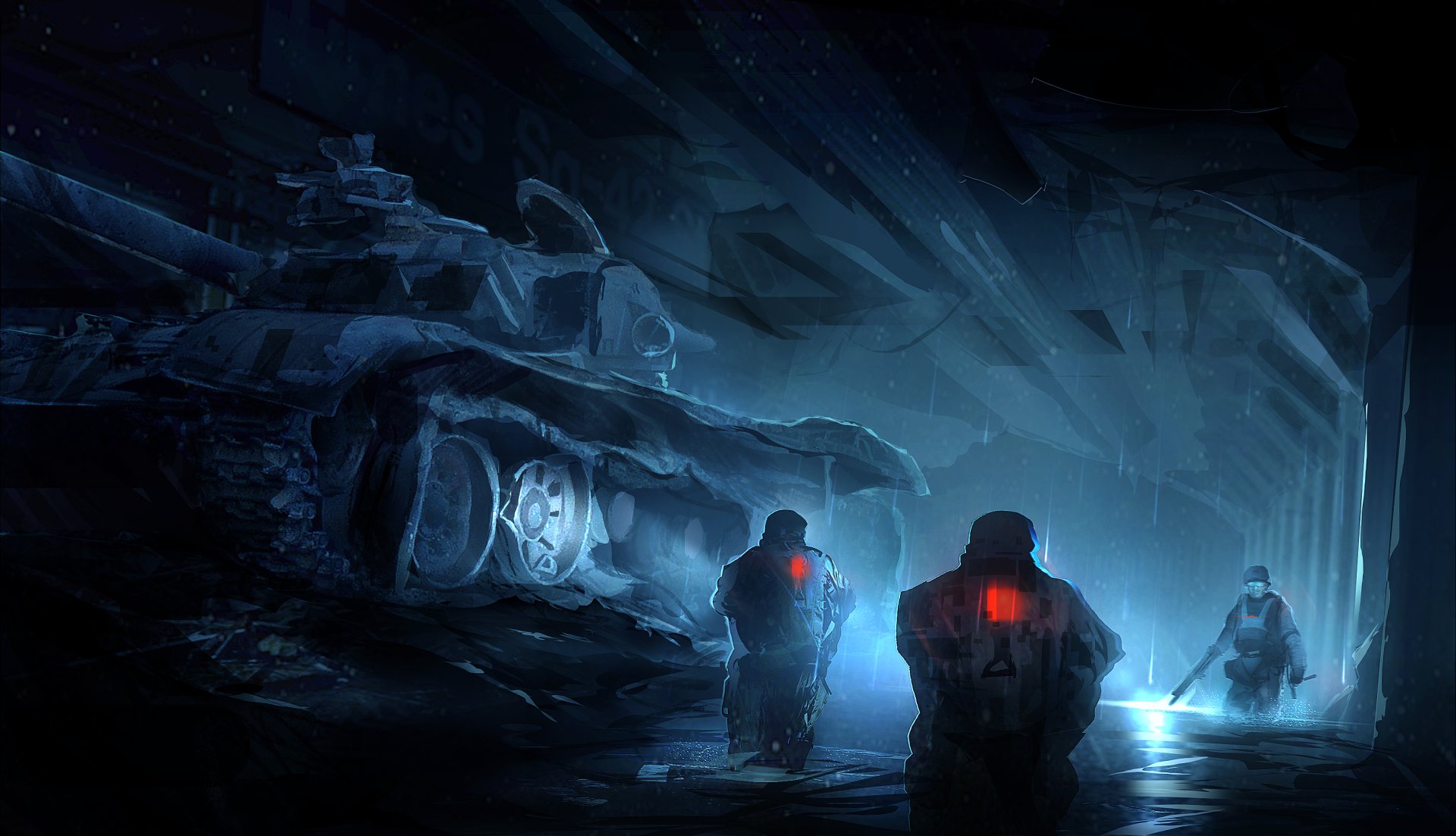 HD sci-fi desktop wallpaper depicting soldiers and a tank in an underground military setting with dark, atmospheric lighting.
